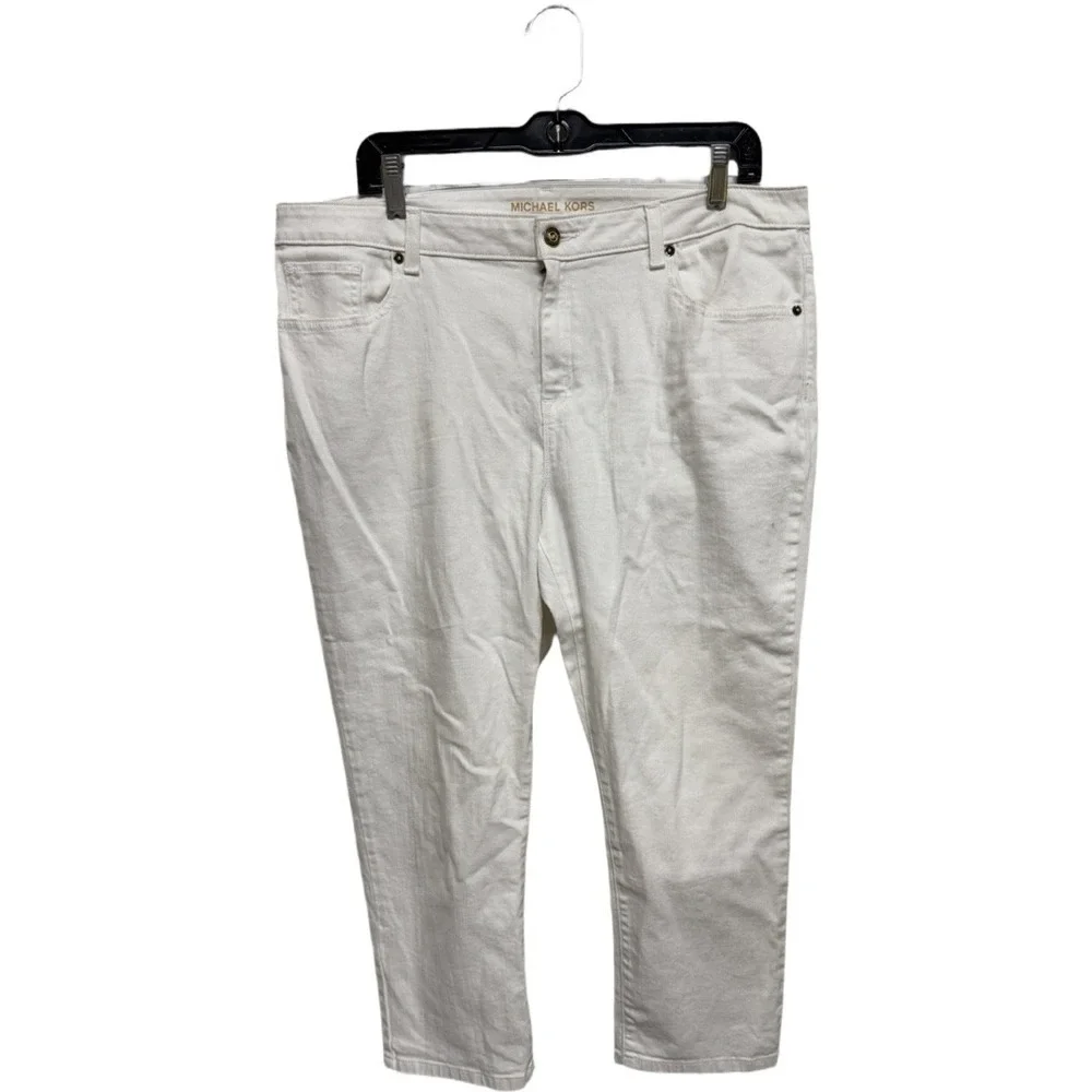 Michael Kors White Cropped Jeans Women's Size 14 NWT High Rise Denim Logo Button